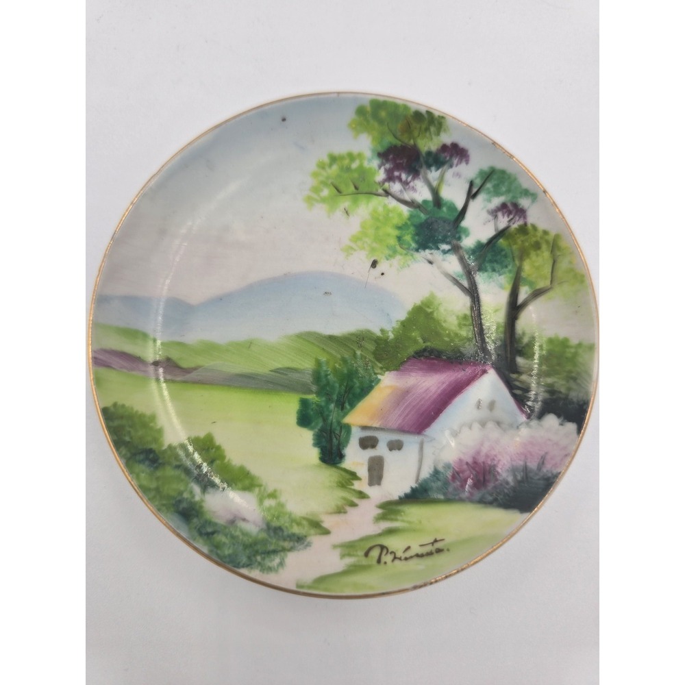 Vintage Hand Painted Miniature‎ Plate Japan P. Riviere Cottage Landscape Gold